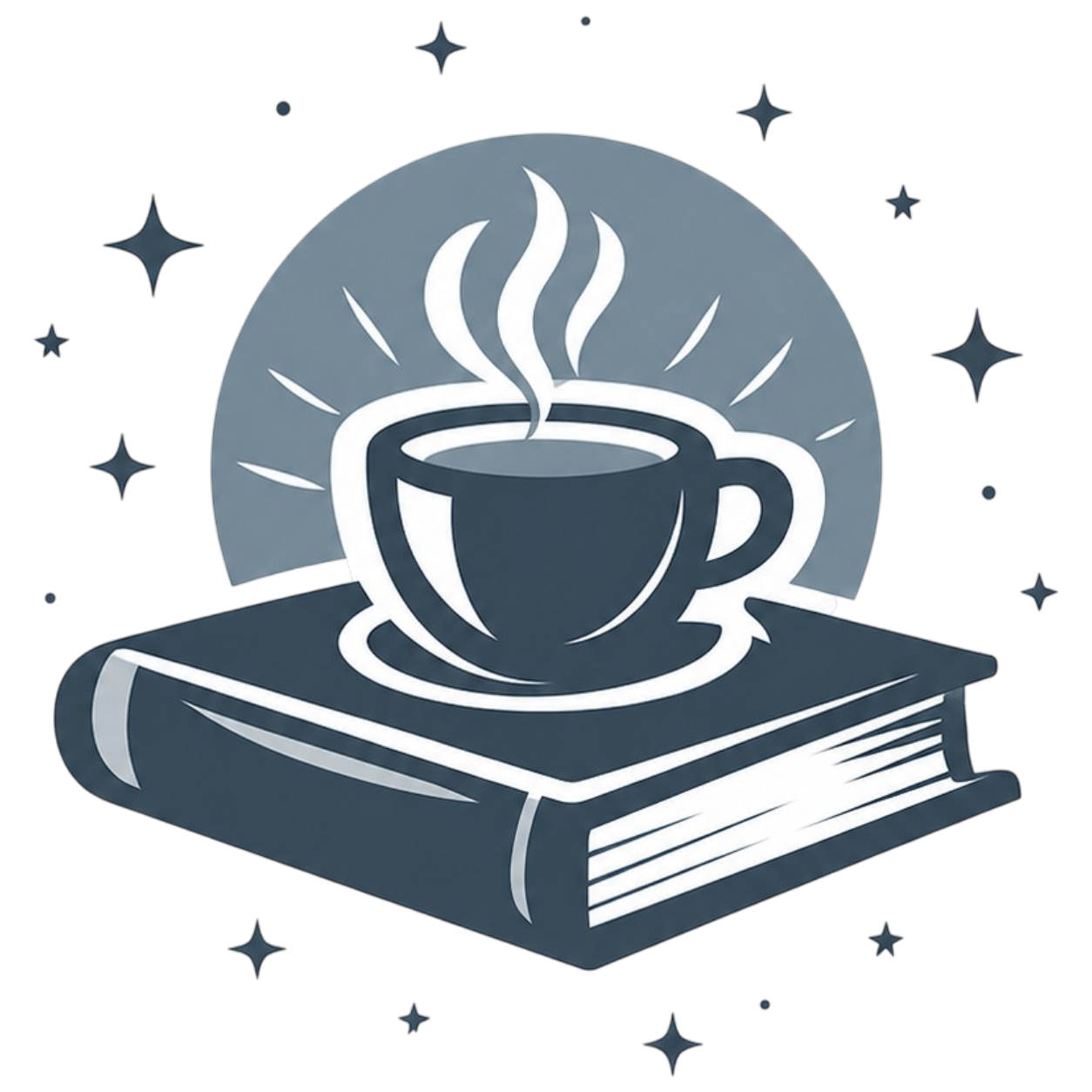 A cup of coffee sits atop a book, surrounded by stars in a blue and white color scheme.
